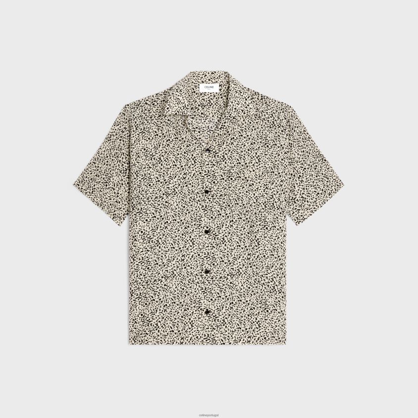 homens vestuário CELINE camisa havaiana em crepe de chine estampado baunilha/noir T204R1922
