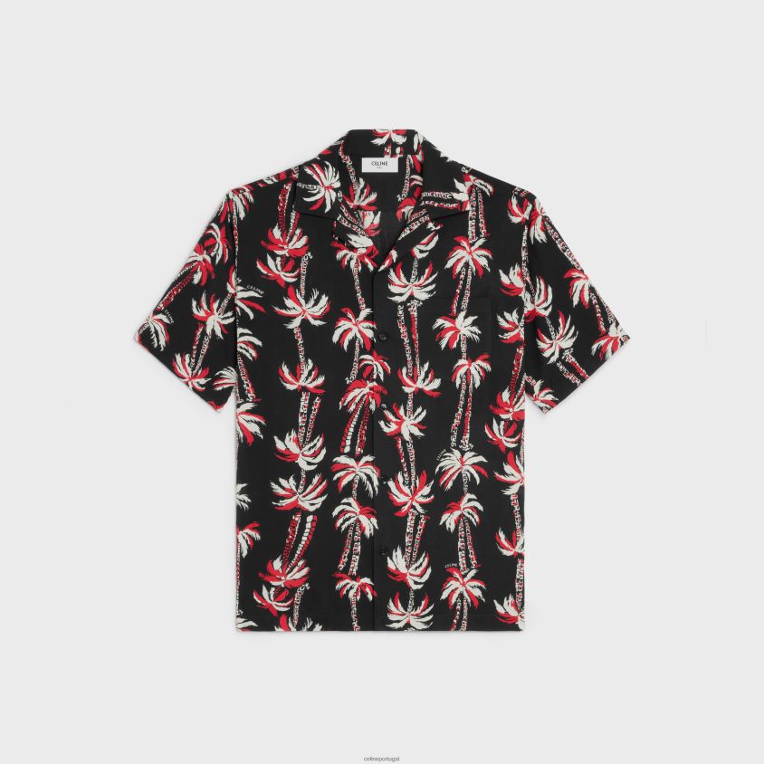 homens vestuário CELINE camisa havaiana em viscose estampada noir/cru/rouge T204R1921