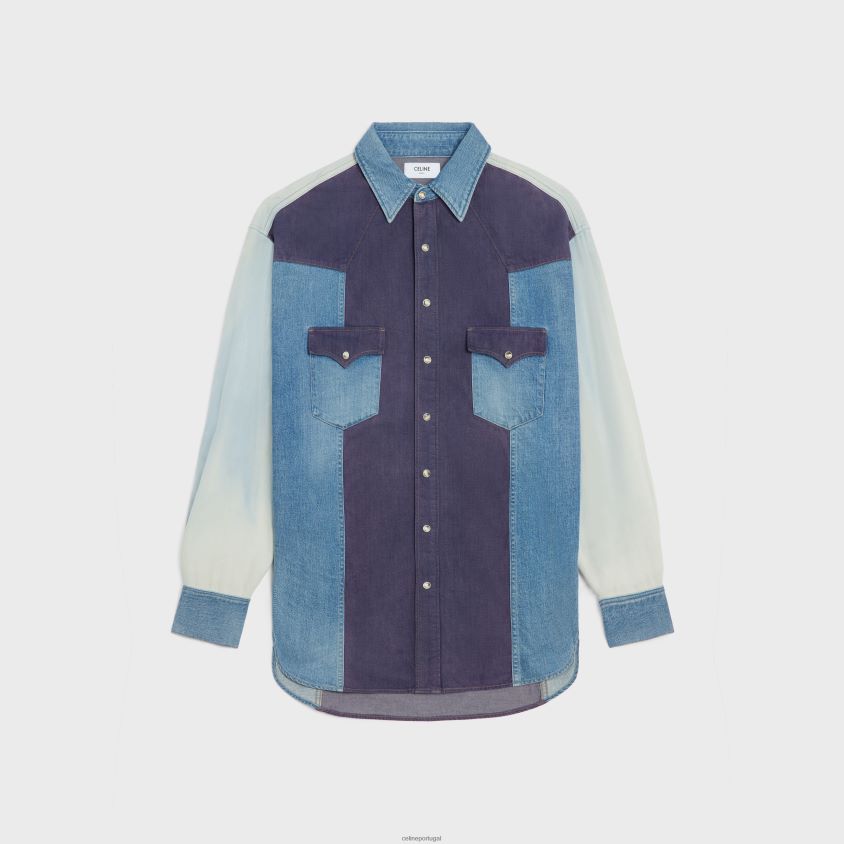 homens vestuário CELINE camisa ocidental em jeans lavagem de confronto T204R1991