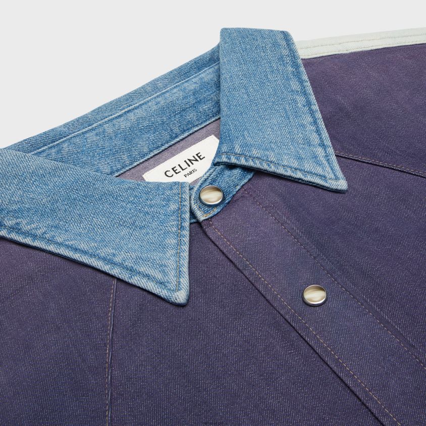 homens vestuário CELINE camisa ocidental em jeans lavagem de confronto T204R1991