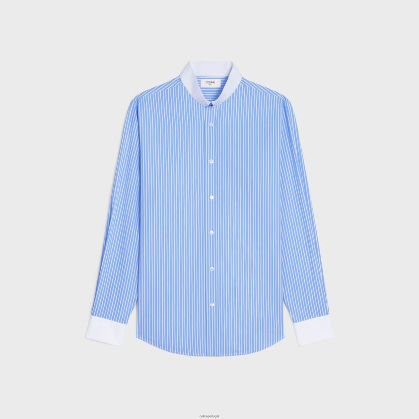 homens vestuário CELINE camisa solta com gola invertida em algodão listrado azul/branco T204R1910