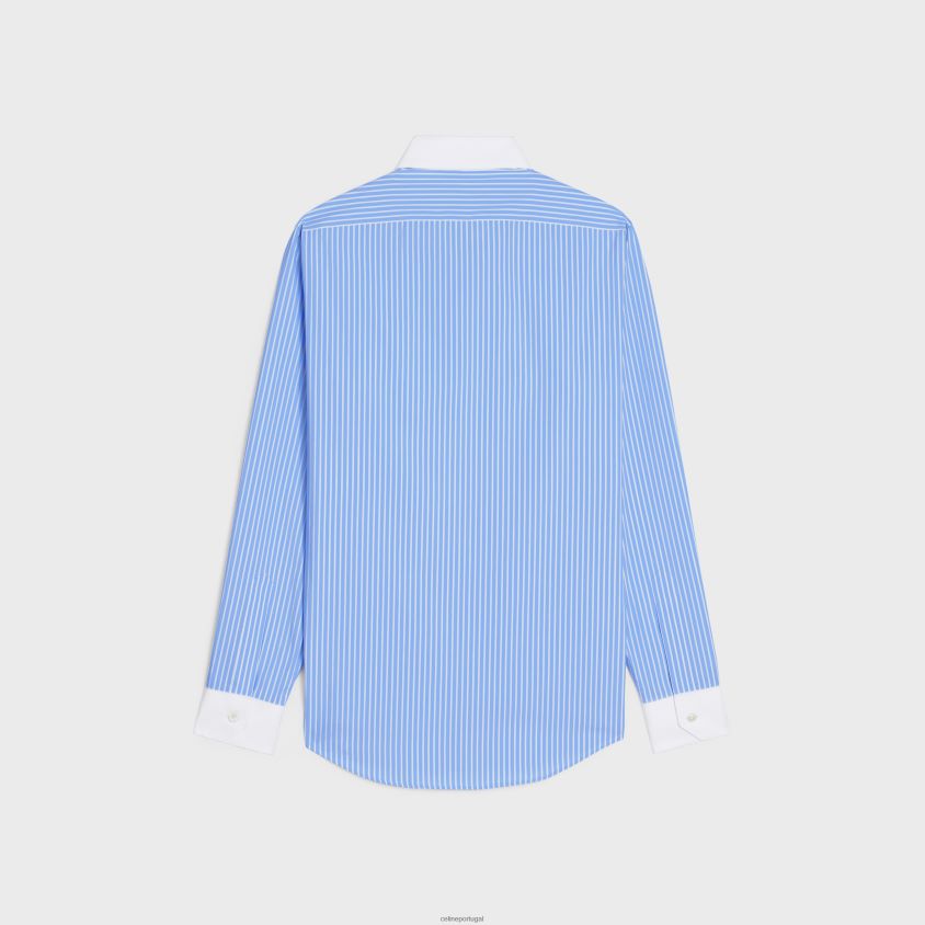 homens vestuário CELINE camisa solta com gola invertida em algodão listrado azul/branco T204R1910