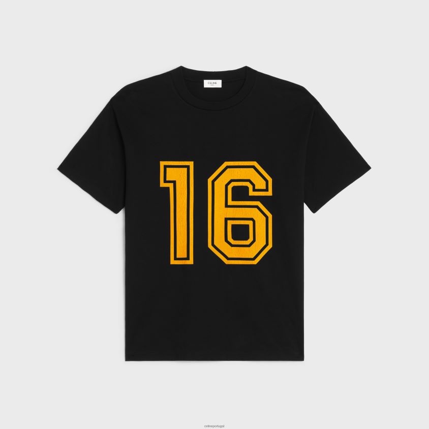 homens vestuário CELINE Camiseta 16 larga em jersey de algodão preto/amarelo dourado T204R1928
