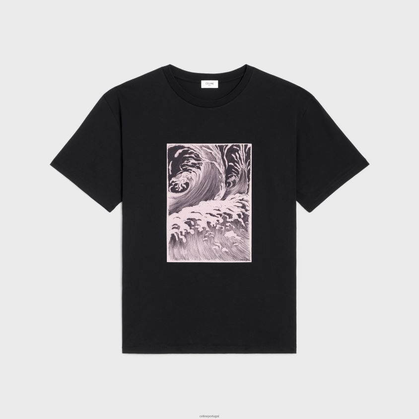 homens vestuário CELINE camiseta de ondas soltas em jersey de algodão Preto branco T204R1925