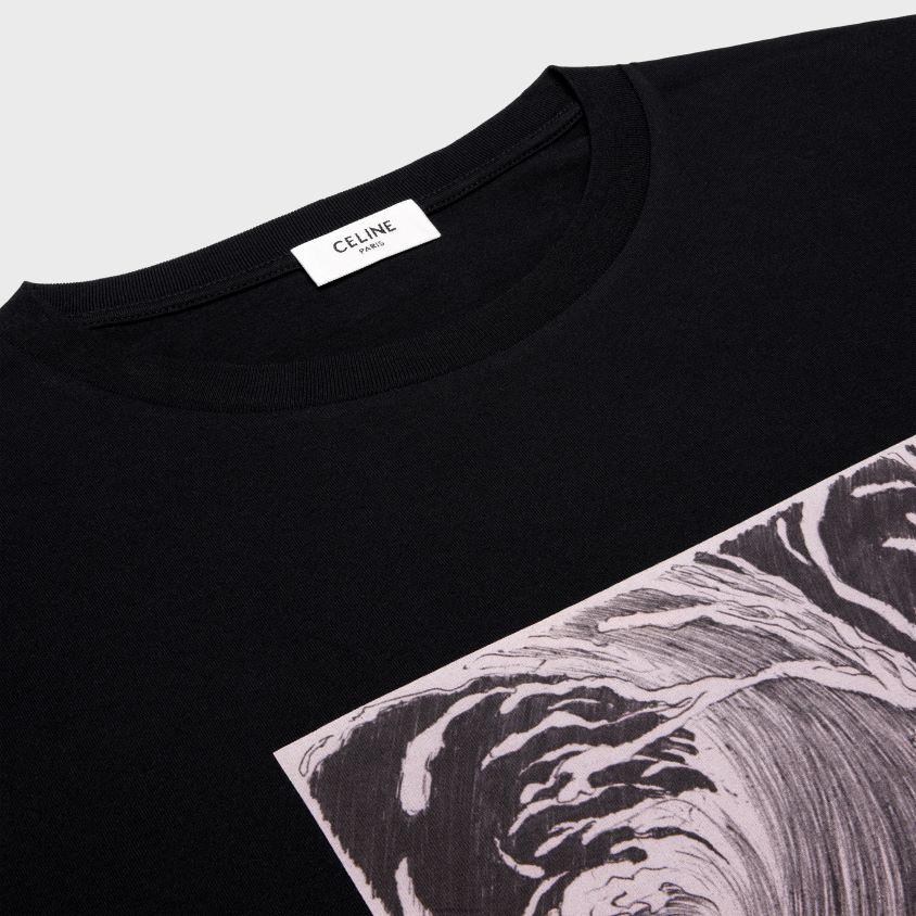 homens vestuário CELINE camiseta de ondas soltas em jersey de algodão Preto branco T204R1925