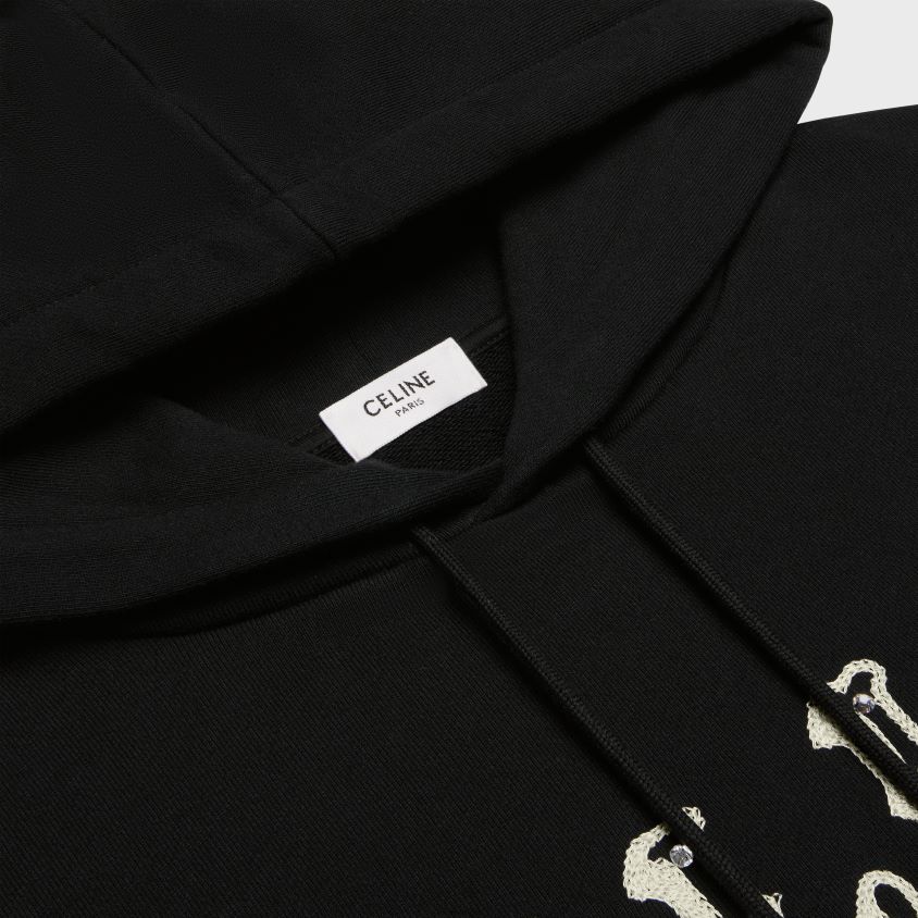 homens vestuário CELINE moletom bordado solto em lã de algodão preto/off white/cristal T204R1940