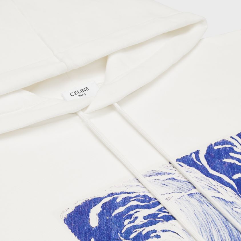 homens vestuário CELINE moletom com capuz ondulado solto em lã de algodão branco sujo/azul T204R1948