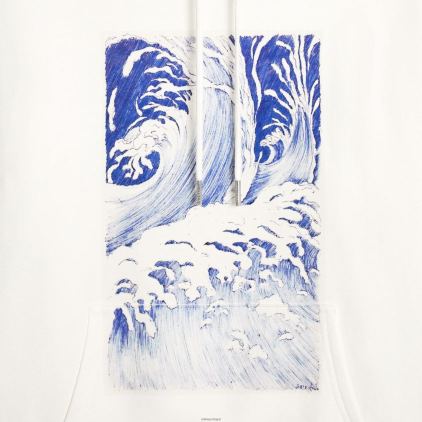 homens vestuário CELINE moletom com capuz ondulado solto em lã de algodão branco sujo/azul T204R1948