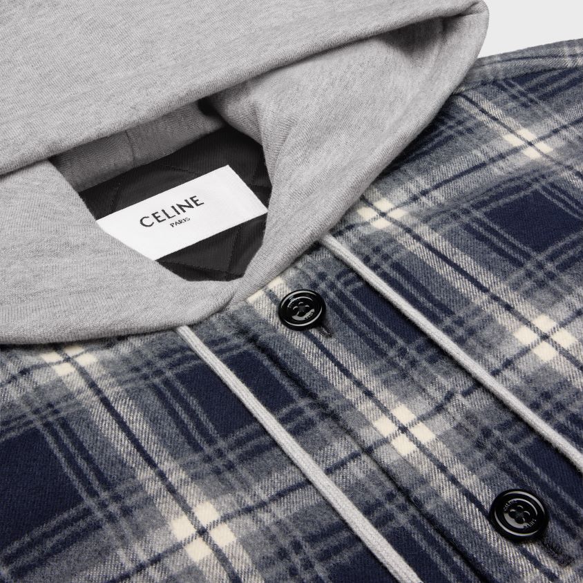 homens vestuário CELINE overshirt com capuz em algodão xadrez marinha T204R1804