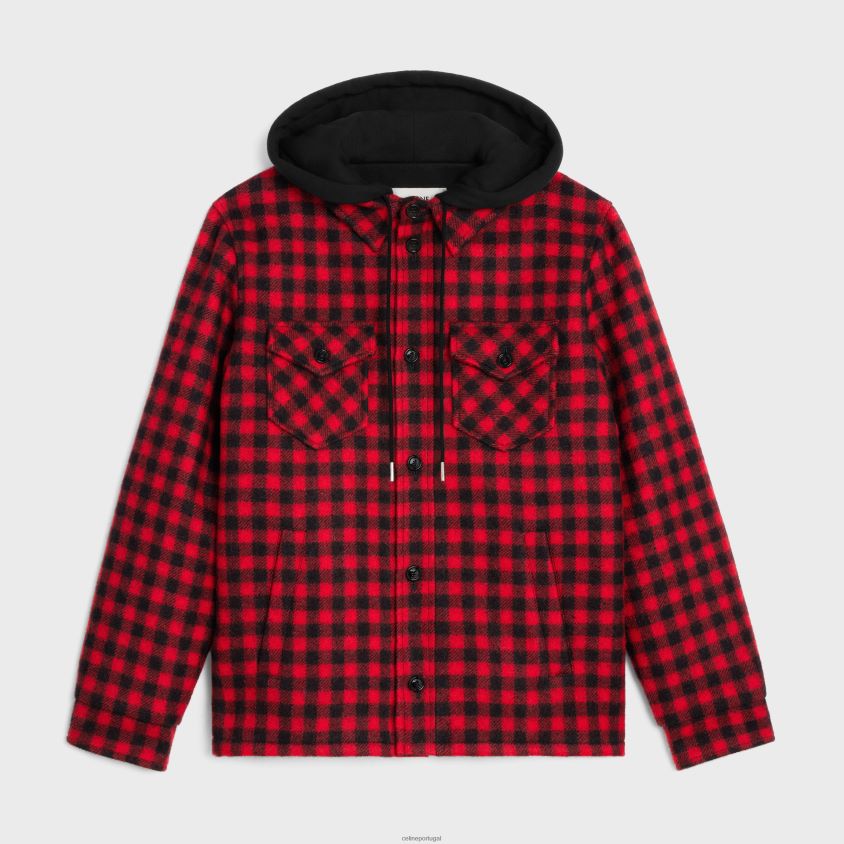 homens vestuário CELINE overshirt com capuz em lã xadrez vermelho/noir T204R1845