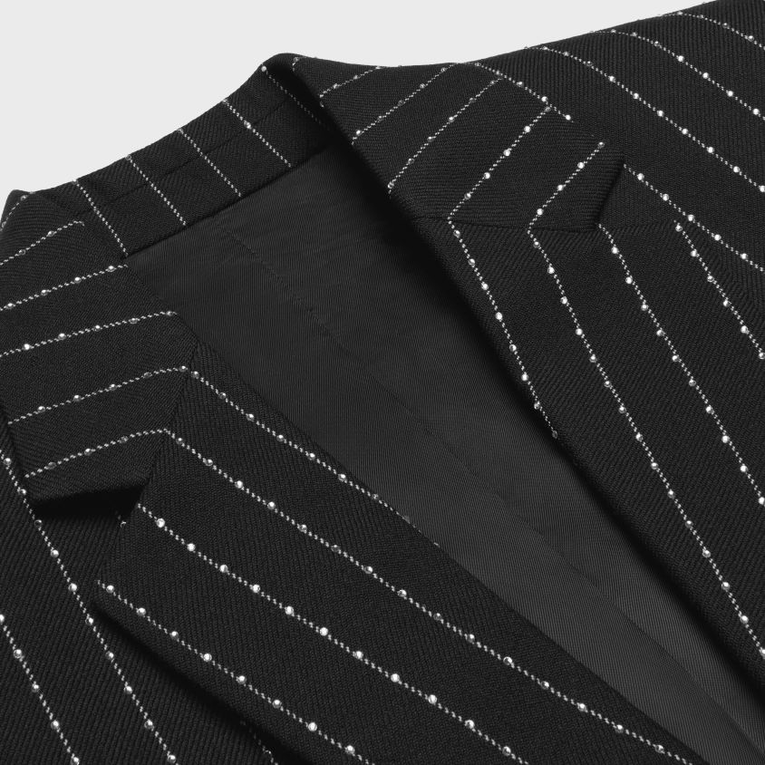 homens vestuário CELINE jaqueta clássica bordada em lã listrada Preto branco T204R1880