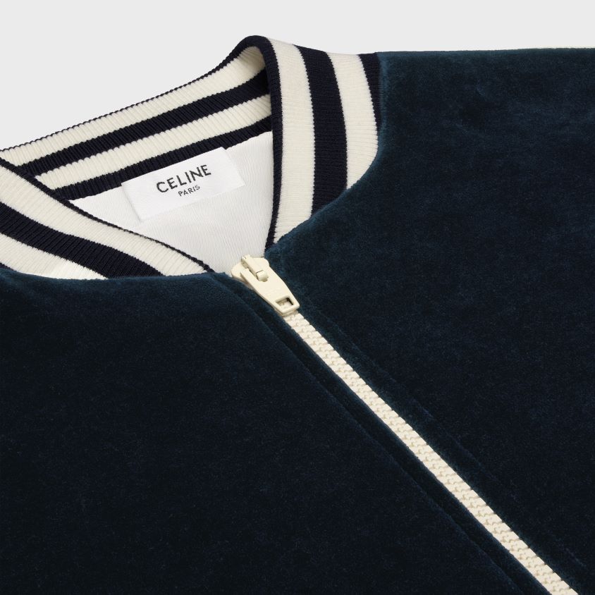homens vestuário CELINE jaqueta triomphe teddy em jersey de veludo meia-noite/cru T204R1847