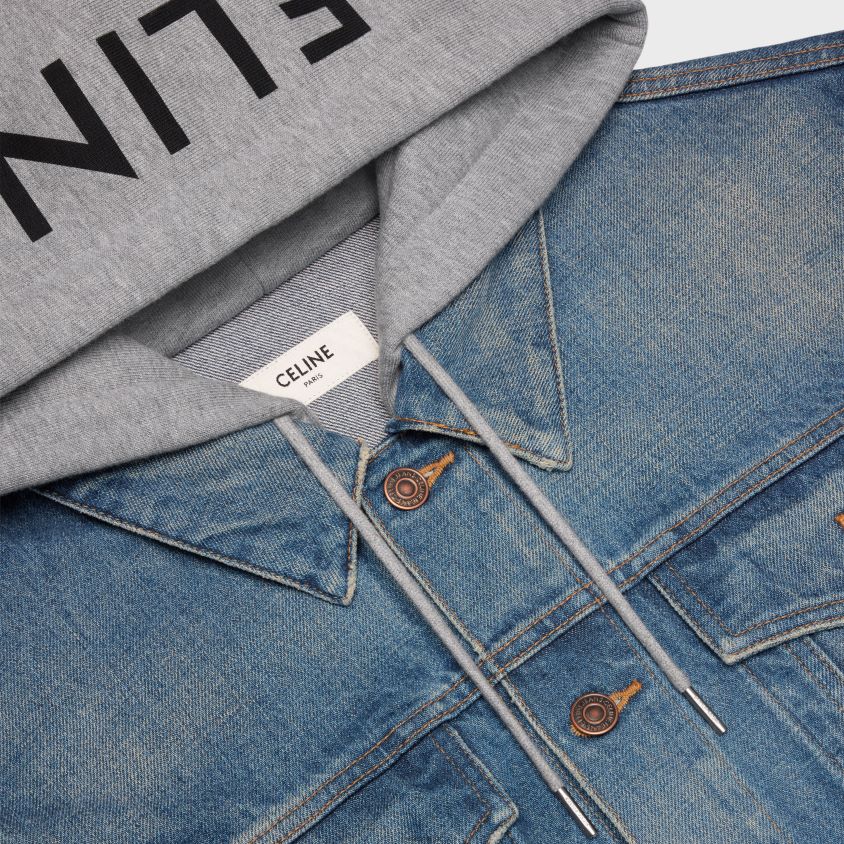 homens vestuário CELINE jaqueta trucker em jeans lavagem sindical T204R1856