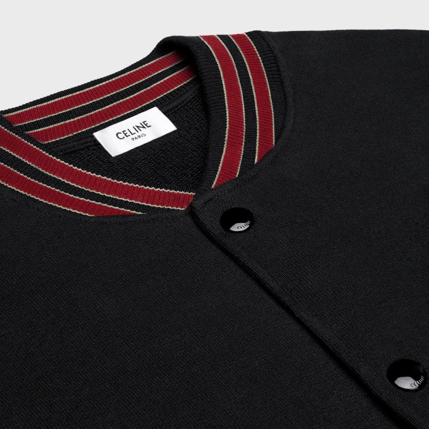 homens vestuário CELINE jaqueta universitária teddy em lã de algodão preto/uva vermelha/off white T204R1776