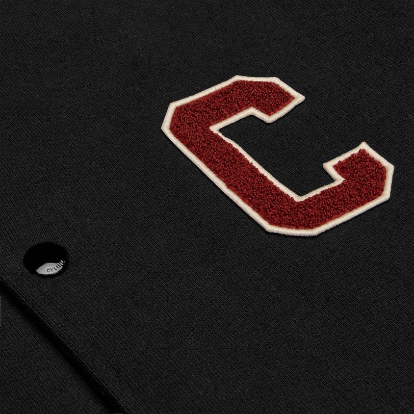 homens vestuário CELINE jaqueta universitária teddy em lã de algodão preto/uva vermelha/off white T204R1776