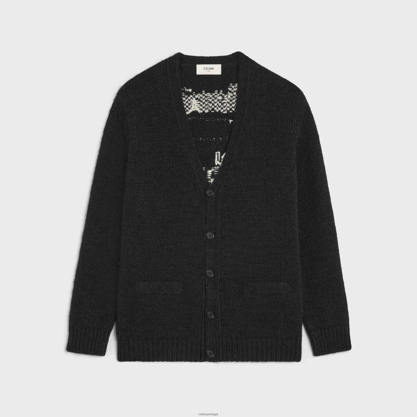 homens vestuário CELINE long dare future cardigan em lã de alpaca preto/creme T204R1982