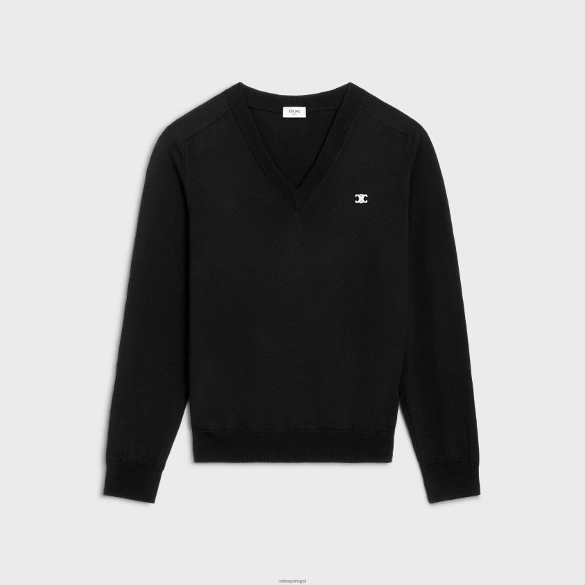 homens vestuário CELINE suéter triomphe com decote em V em lã preto T204R1962