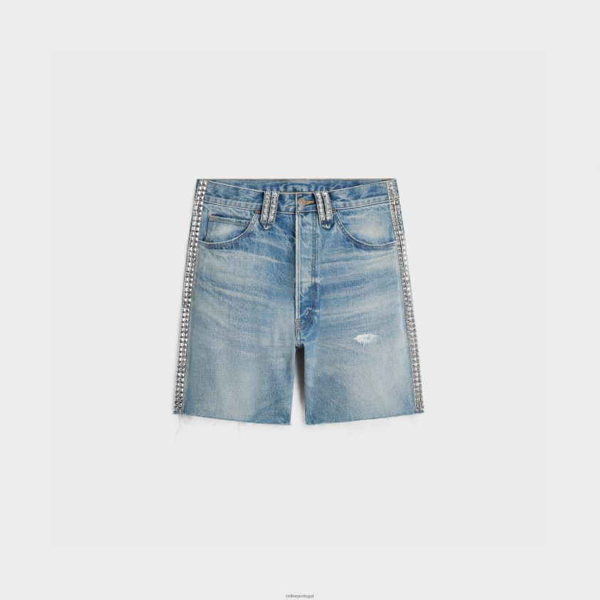 homens vestuário CELINE shorts wesley com tachas em jeans lavagem zuma T204R2009