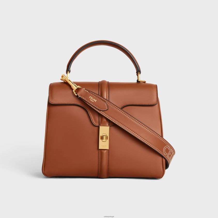 mulheres acessórios CELINE alça longa em couro de bezerro liso com bordado com acabamento dourado bronzeado T204R520