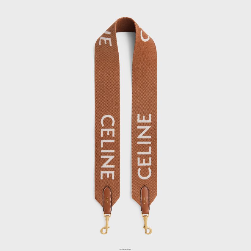 mulheres acessórios CELINE alça longa em lã com jacquard com acabamento dourado castanho/branco T204R516