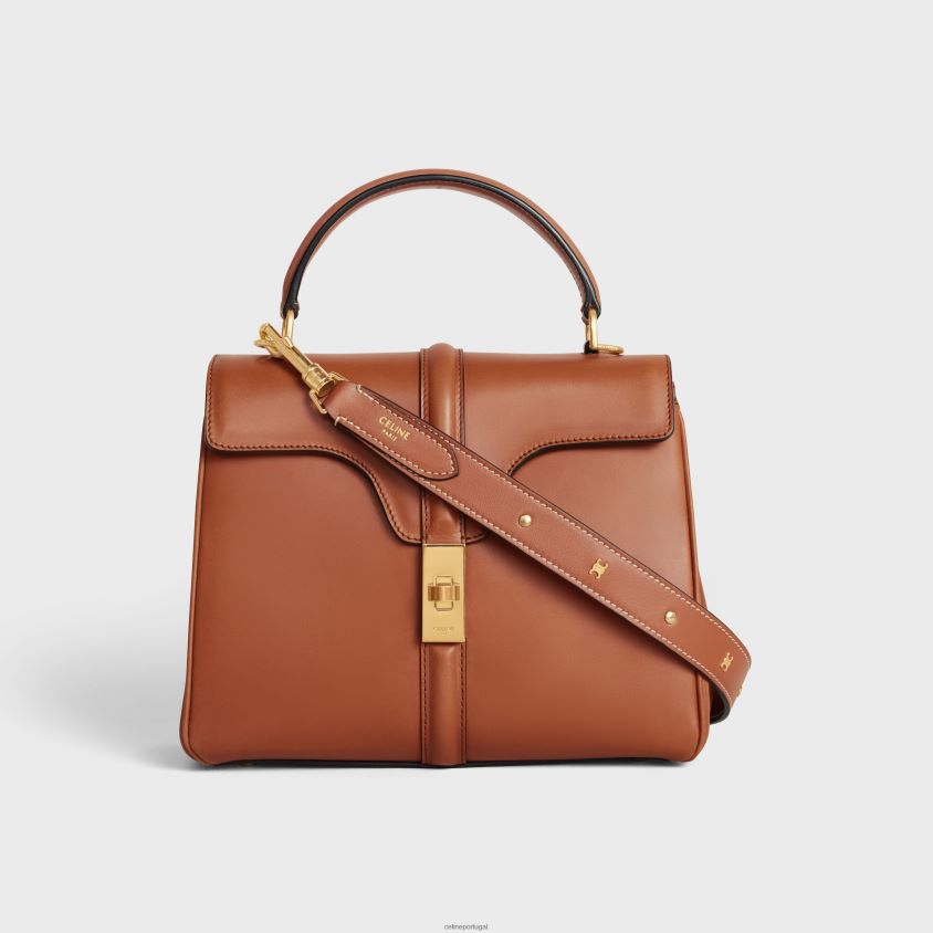 mulheres acessórios CELINE pulseira longa em couro de bezerro liso com tachas triomphe com acabamento dourado bronzeado T204R521