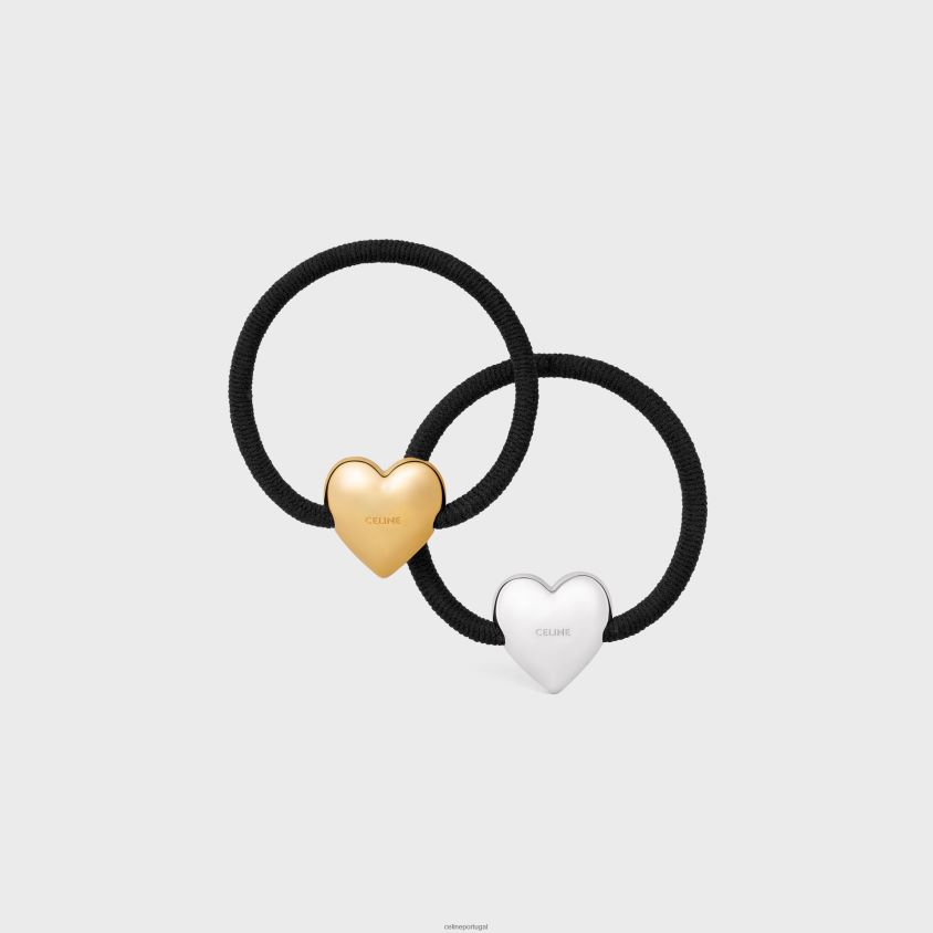 mulheres acessórios CELINE conjunto de elásticos coeur triomphe em latão com acabamento em ouro e ródio, nylon e borracha preto/ouro/prata T204R1055
