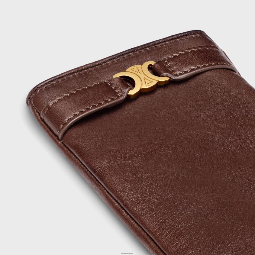 mulheres acessórios CELINE luvas triomphe em pele de cordeiro plonge marrom T204R1187