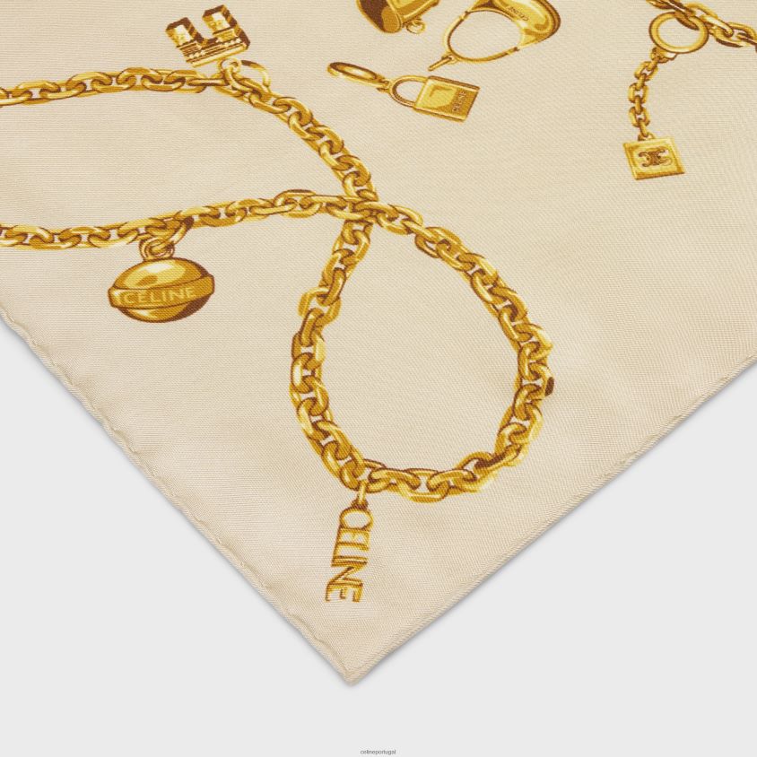 mulheres acessórios CELINE sarja de seda com borlas quadradas em corrente bege T204R1207