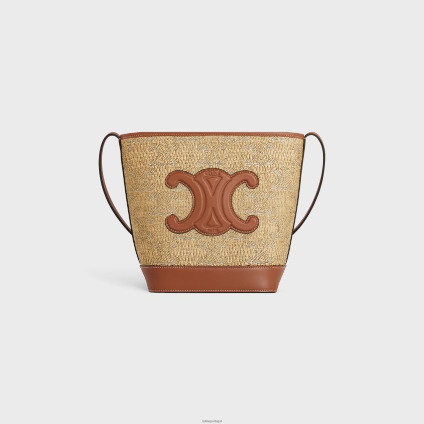 mulheres acessórios CELINE balde pequeno cuir triomphe em tecido efeito ráfia com jacquard triomphe natural/prata T204R203