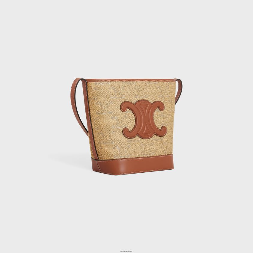 mulheres acessórios CELINE balde pequeno cuir triomphe em tecido efeito ráfia com jacquard triomphe natural/prata T204R203