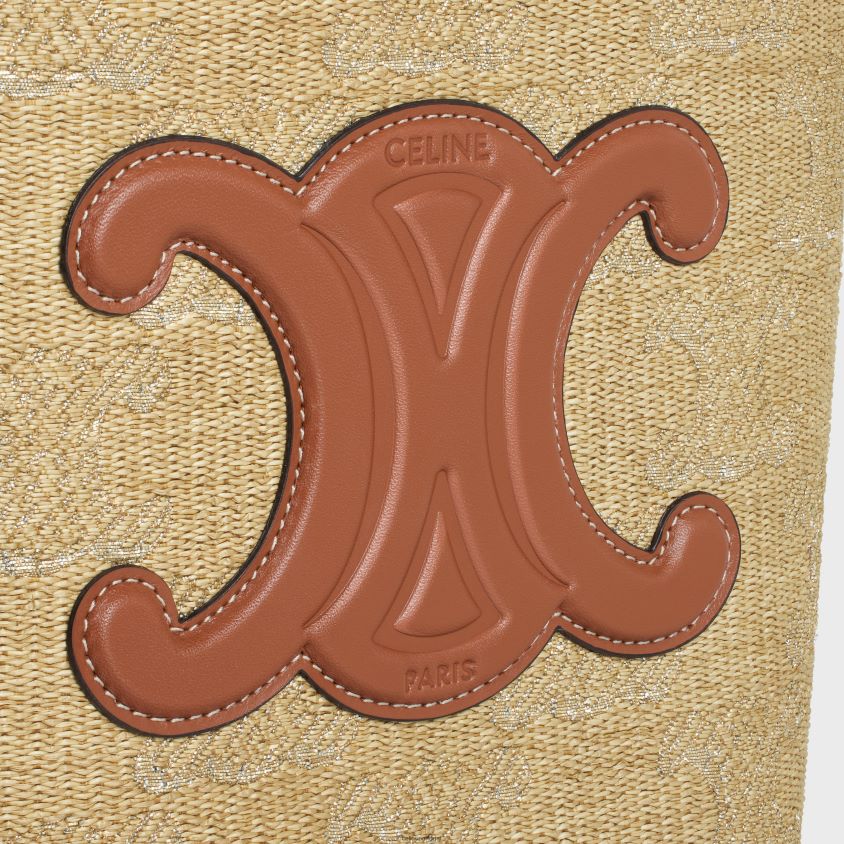 mulheres acessórios CELINE balde pequeno cuir triomphe em tecido efeito ráfia com jacquard triomphe natural/prata T204R203
