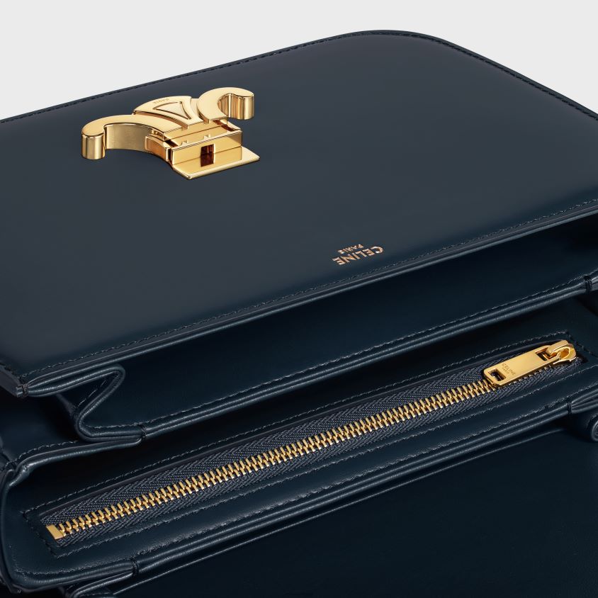 mulheres acessórios CELINE bolsa clássica triomphe em couro de bezerro brilhante azul-marinho T204R89