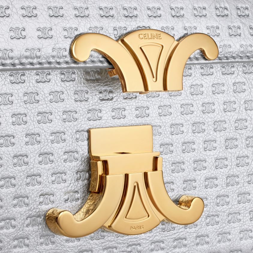 mulheres acessórios CELINE bolsa de ombro Claude em couro de bezerro laminado com triomphe por toda parte prata T204R55