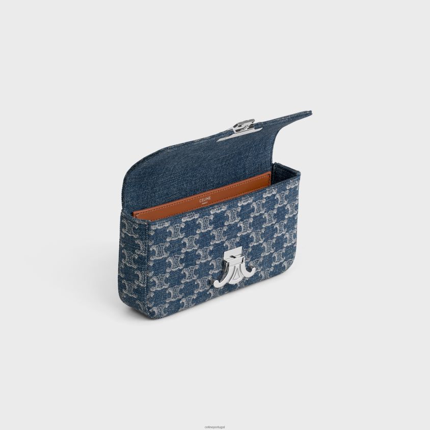 mulheres acessórios CELINE bolsa de ombro com corrente Claude em jeans com triomphe por toda parte jeans/prata T204R51