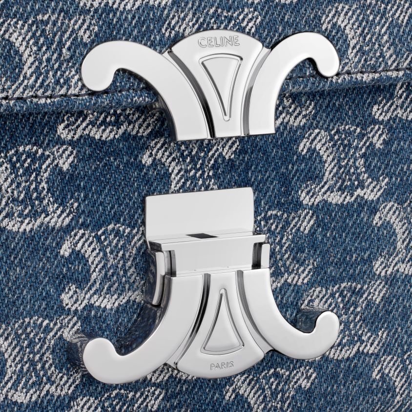 mulheres acessórios CELINE bolsa de ombro com corrente Claude em jeans com triomphe por toda parte jeans/prata T204R51