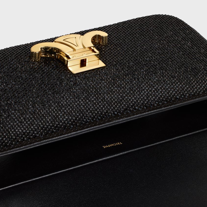 mulheres acessórios CELINE bolsa de ombro com corrente claude em couro de bezerro camurça com strass preto T204R184