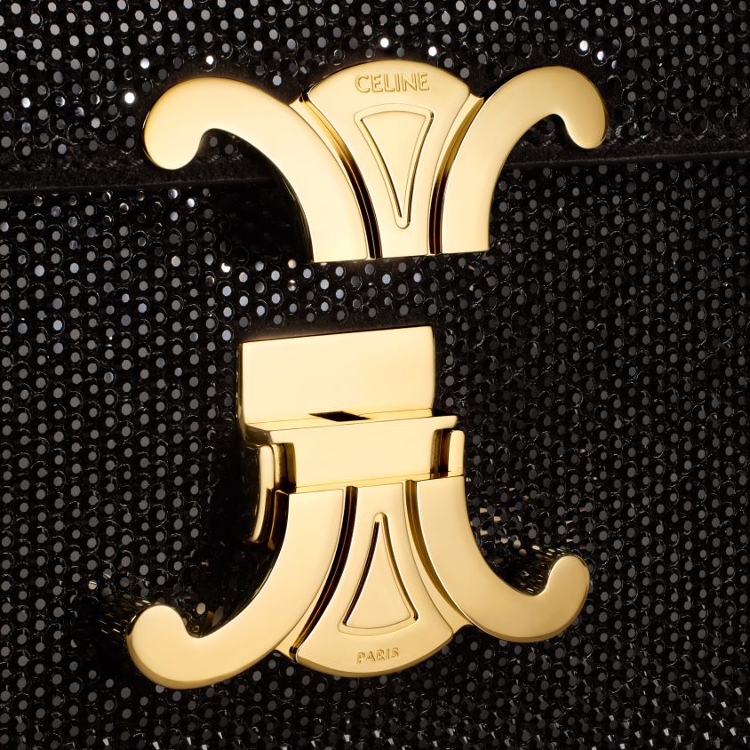 mulheres acessórios CELINE bolsa de ombro com corrente claude em couro de bezerro camurça com strass preto T204R184