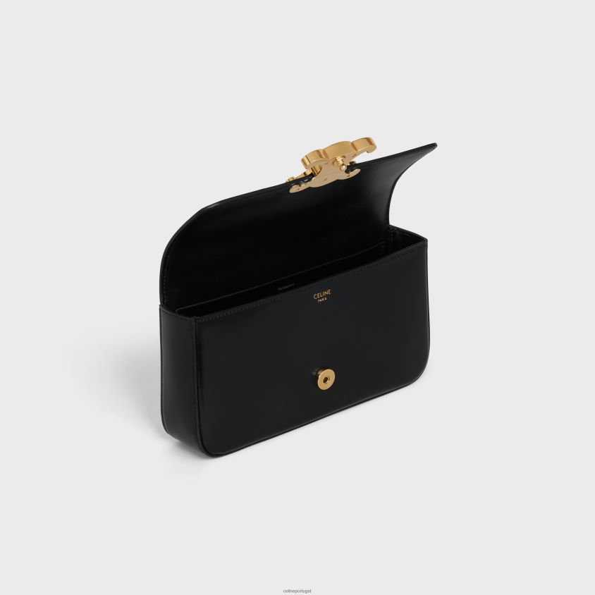 mulheres acessórios CELINE bolsa de ombro em corrente Claude com fecho de strass em couro de bezerro brilhante preto T204R181