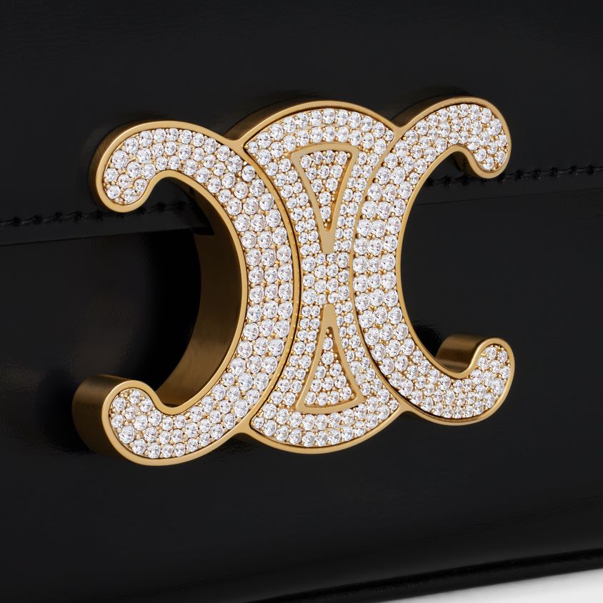 mulheres acessórios CELINE bolsa de ombro em corrente Claude com fecho de strass em couro de bezerro brilhante preto T204R181