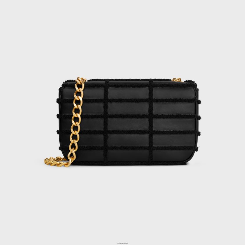 mulheres acessórios CELINE bolsa de ombro em corrente matelassê monocromática em couro de bezerro acolchoado com bordado bouclette preto T204R283