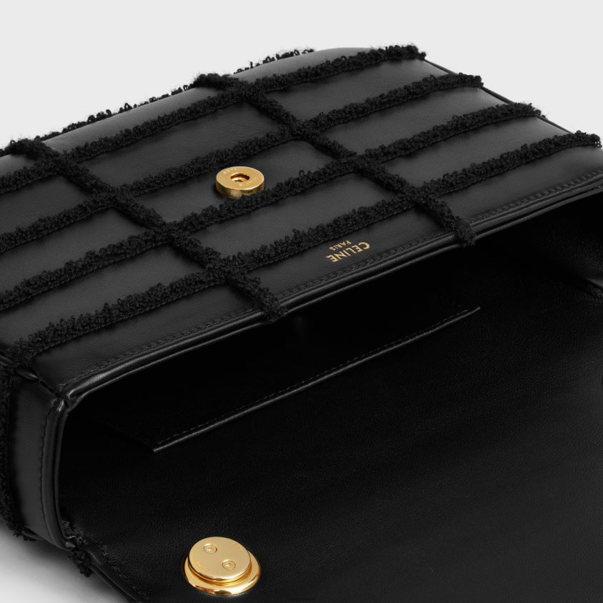 mulheres acessórios CELINE bolsa de ombro em corrente matelassê monocromática em couro de bezerro acolchoado com bordado bouclette preto T204R283