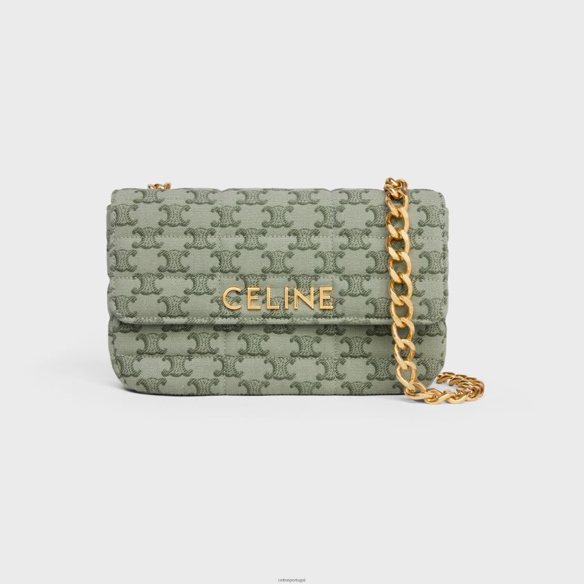 mulheres acessórios CELINE bolsa de ombro em corrente matelassê monocromática em tecido com impressão em tela triomphe cáqui T204R284