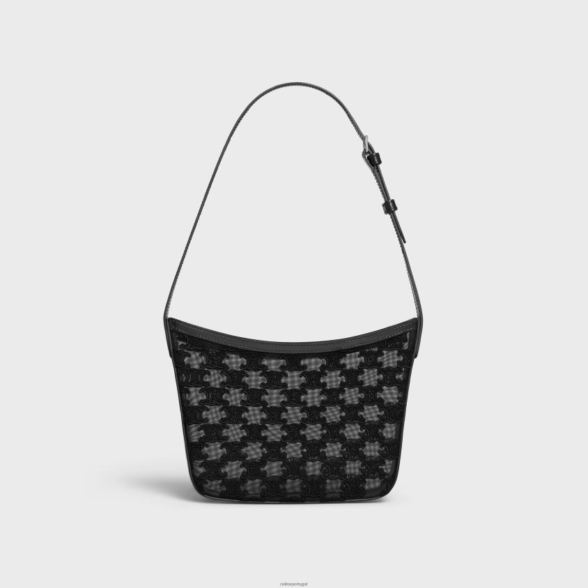 mulheres acessórios CELINE bolsa média em croque em tecido tule com bordados triomphe preto T204R40
