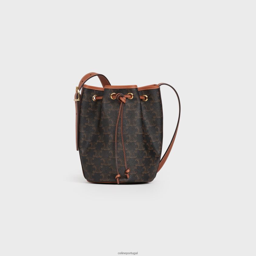 mulheres acessórios CELINE bolsa pequena com cordão em lona triomphe e couro de bezerro bronzeado T204R234
