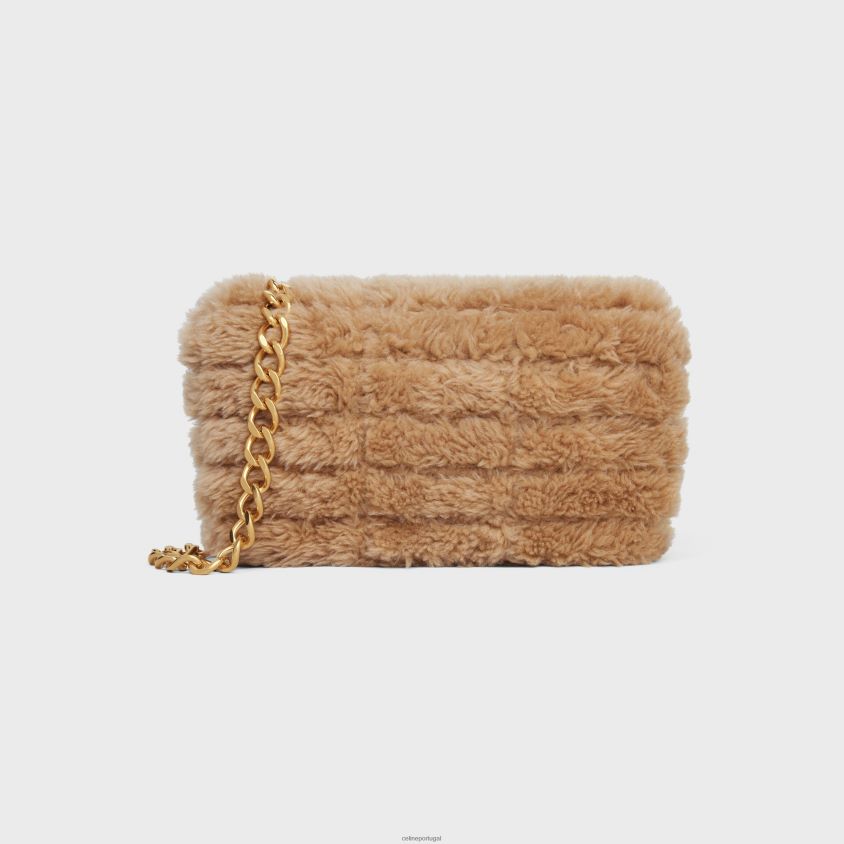 mulheres acessórios CELINE bolsa tiracolo em corrente matelassê monocromática em shearling acolchoado bege T204R285