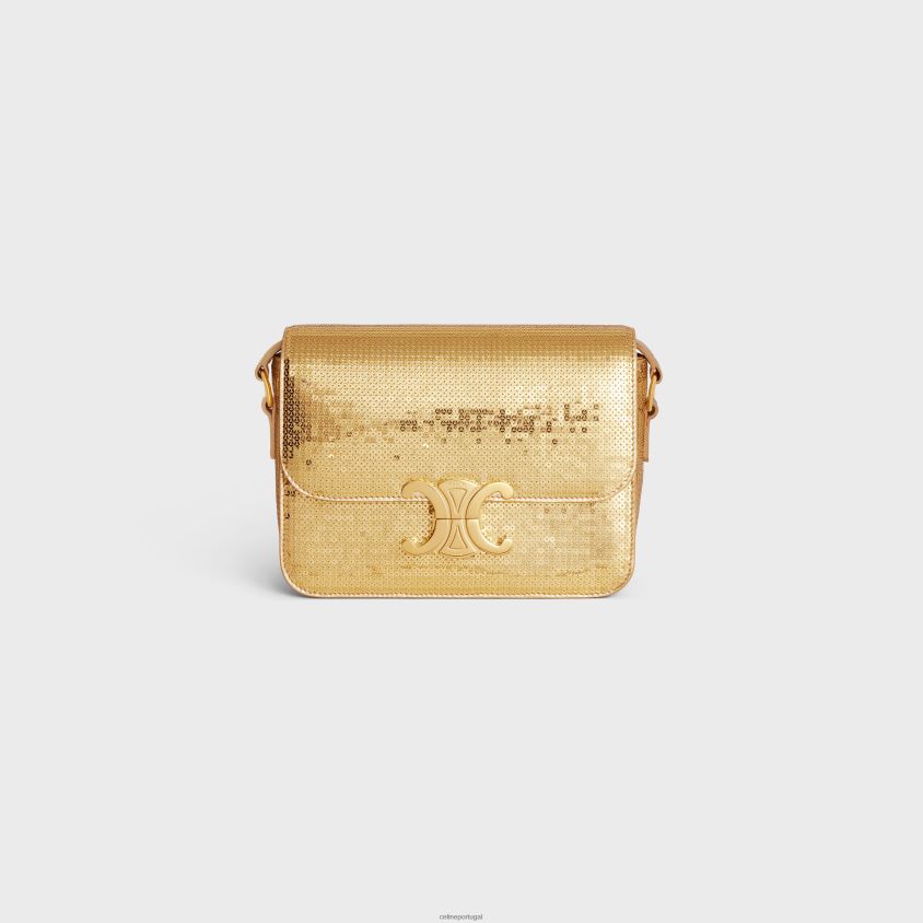 mulheres acessórios CELINE bolsa triomphe adolescente em lantejoulas e couro de bezerro ouro T204R103