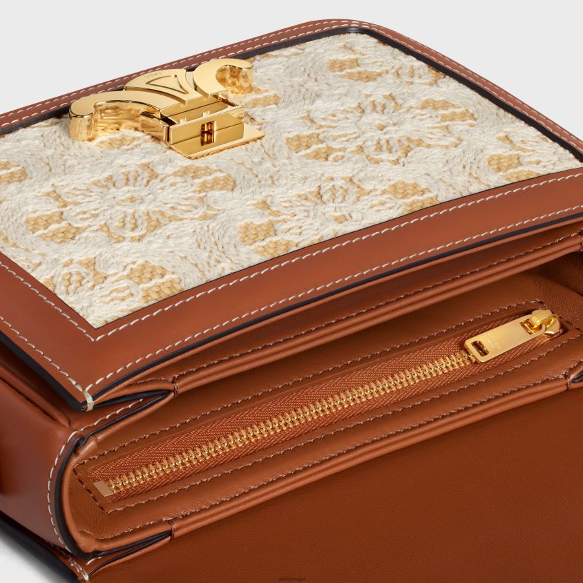 mulheres acessórios CELINE bolsa triomphe adolescente em tecido com efeito ráfia e bordados triomphe natural/bronzeado T204R23