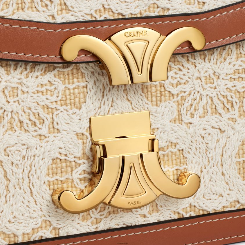 mulheres acessórios CELINE bolsa triomphe adolescente em tecido com efeito ráfia e bordados triomphe natural/bronzeado T204R23