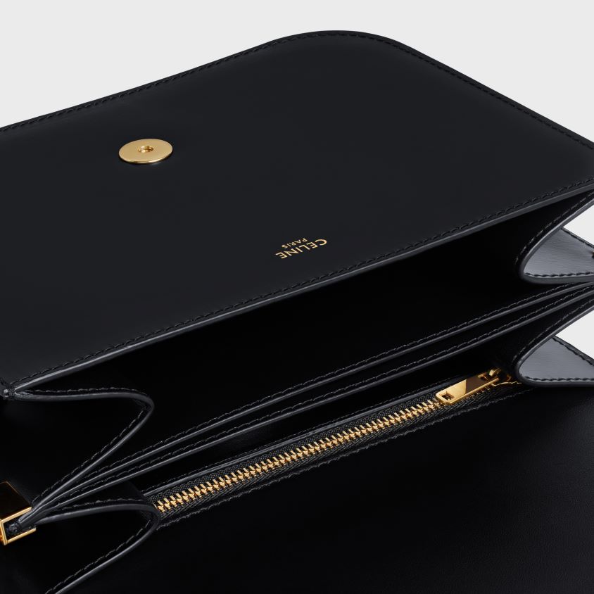 mulheres acessórios CELINE bolsa universitária média em couro de bezerro brilhante preto T204R277