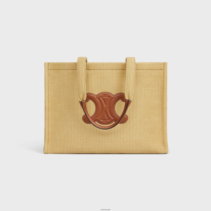 mulheres acessórios CELINE cabas tailandesas grandes em tecido com efeito ráfia e pele de bezerro natural/bronzeado T204R29